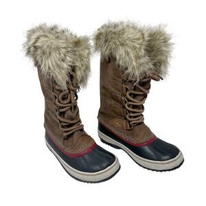 Sorel Joan of Arctic Boots Brown Leather Suede Faux Fur Trim Waterproof Size 7